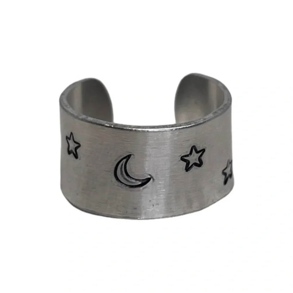 Handmade 9 stamped moon & stars silver adjustable hypoallergenic wide cuff‎ ring